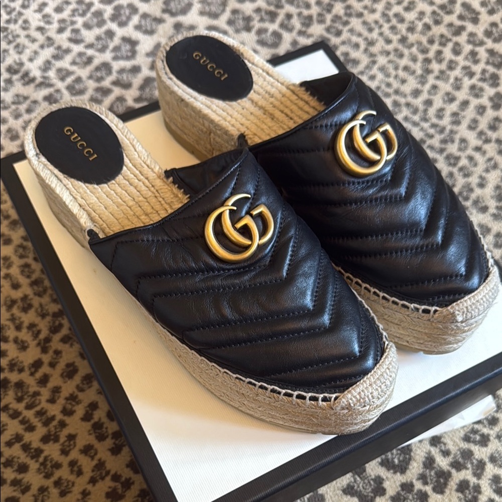 Gucci Black and Gold Quilted Mules